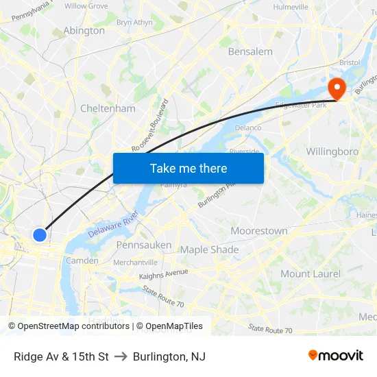Ridge Av & 15th St to Burlington, NJ map
