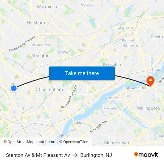 Stenton Av & Mt Pleasant Av to Burlington, NJ map