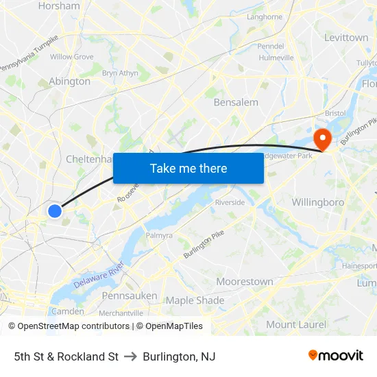 5th St & Rockland St to Burlington, NJ map