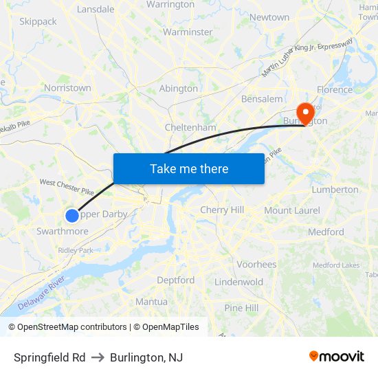 Springfield Rd to Burlington, NJ map