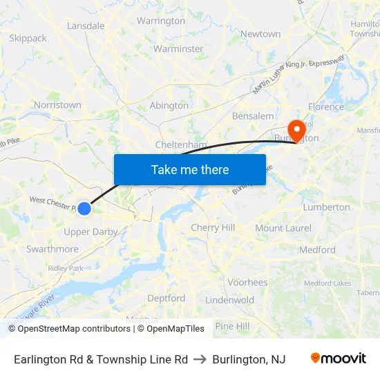 Earlington Rd & Township Line Rd to Burlington, NJ map