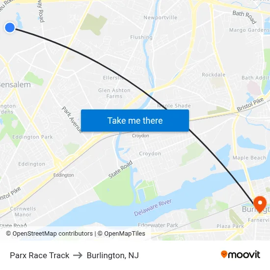 Parx Race Track to Burlington, NJ map