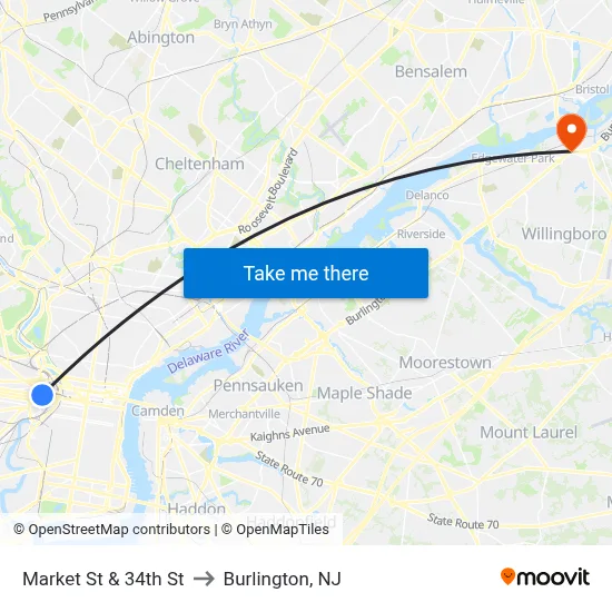 Market St & 34th St to Burlington, NJ map