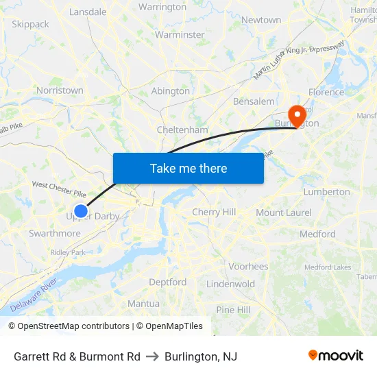 Garrett Rd & Burmont Rd to Burlington, NJ map