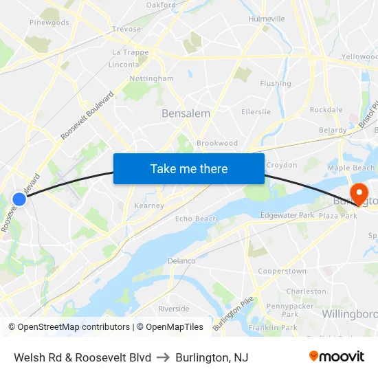 Welsh Rd & Roosevelt Blvd to Burlington, NJ map