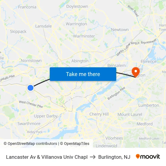 Lancaster Av & Villanova Univ Chapl to Burlington, NJ map