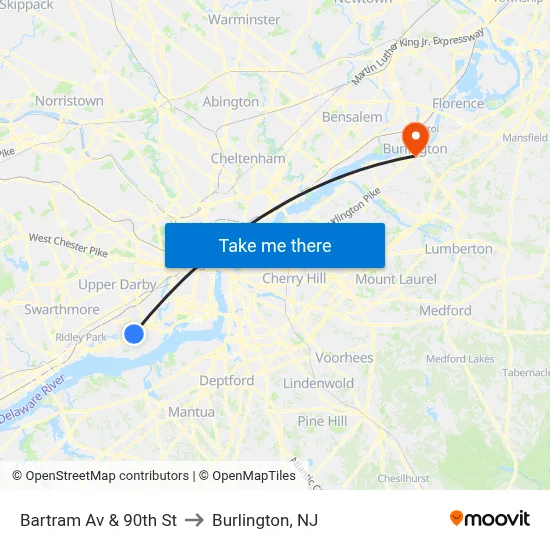 Bartram Av & 90th St to Burlington, NJ map