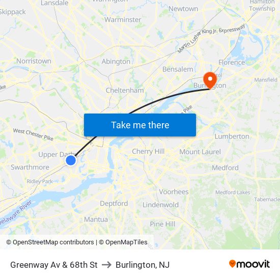 Greenway Av & 68th St to Burlington, NJ map