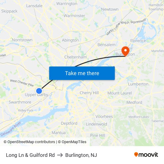 Long Ln & Guilford Rd to Burlington, NJ map