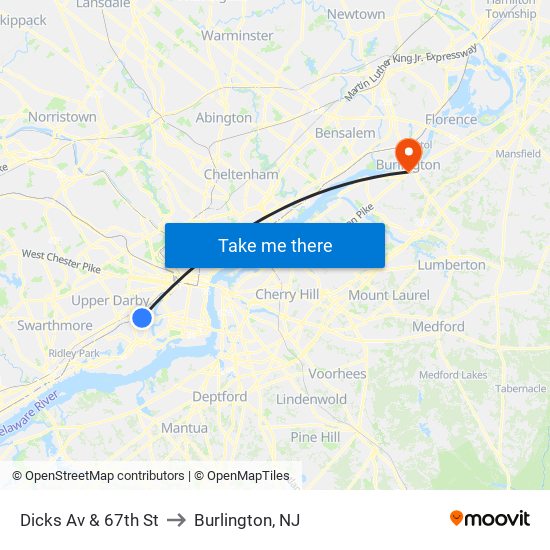 Dicks Av & 67th St to Burlington, NJ map