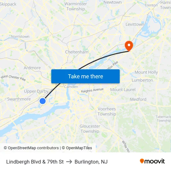 Lindbergh Blvd & 79th St to Burlington, NJ map