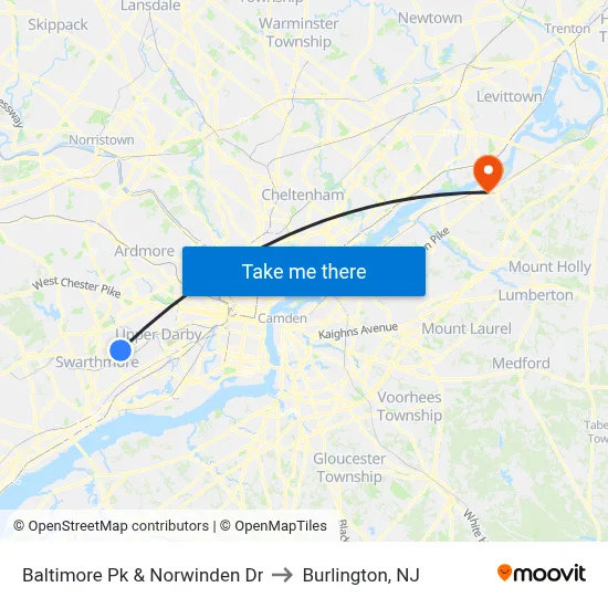Baltimore Pk & Norwinden Dr to Burlington, NJ map