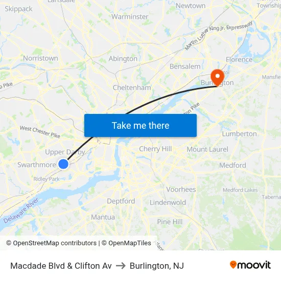 Macdade Blvd & Clifton Av to Burlington, NJ map
