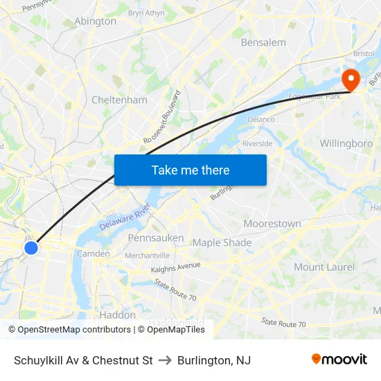 Schuylkill Av & Chestnut St to Burlington, NJ map