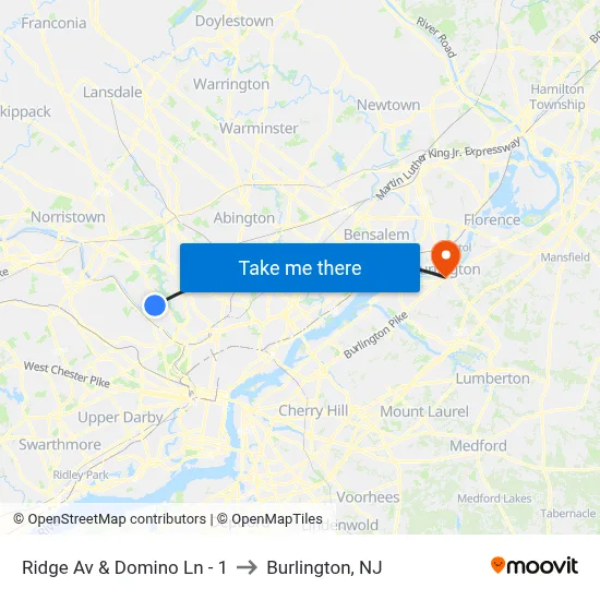 Ridge Av & Domino Ln - 1 to Burlington, NJ map