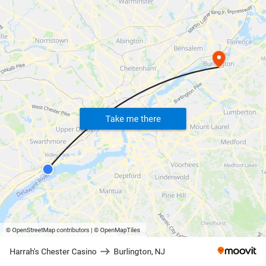 Harrah's Chester Casino to Burlington, NJ map