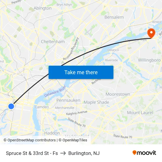 Spruce St & 33rd St - Fs to Burlington, NJ map