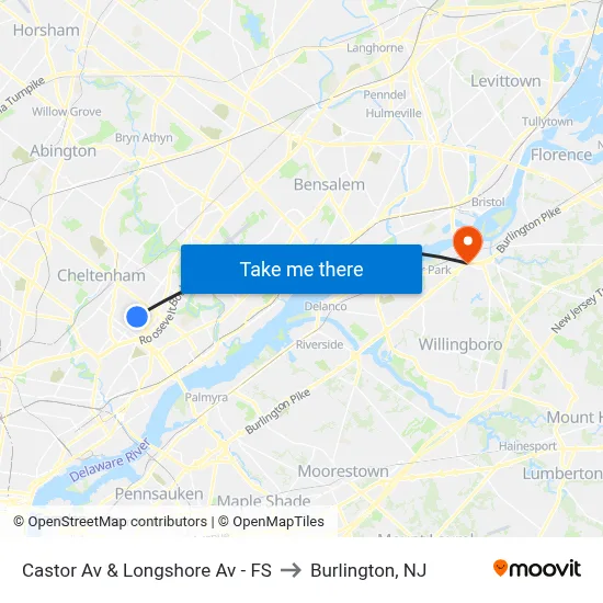 Castor Av & Longshore Av - FS to Burlington, NJ map