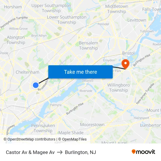 Castor Av & Magee Av to Burlington, NJ map