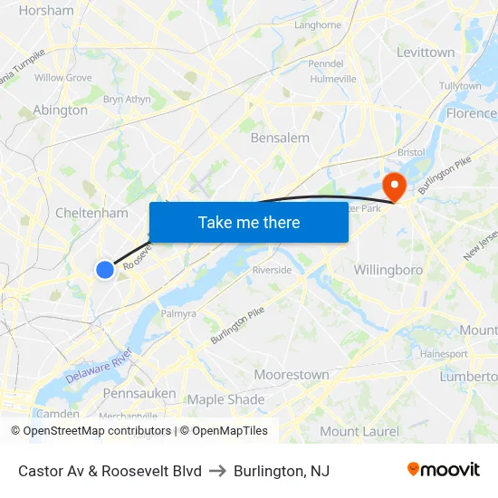 Castor Av & Roosevelt Blvd to Burlington, NJ map