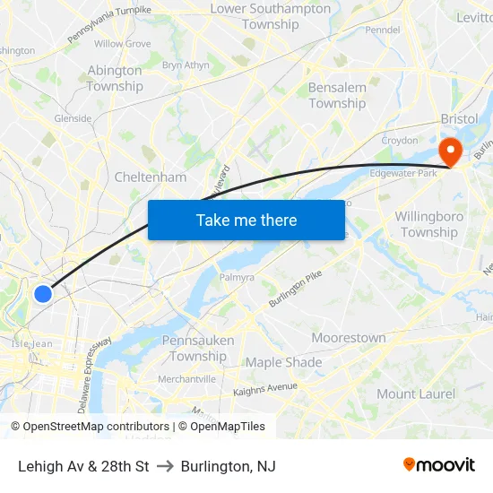 Lehigh Av & 28th St to Burlington, NJ map
