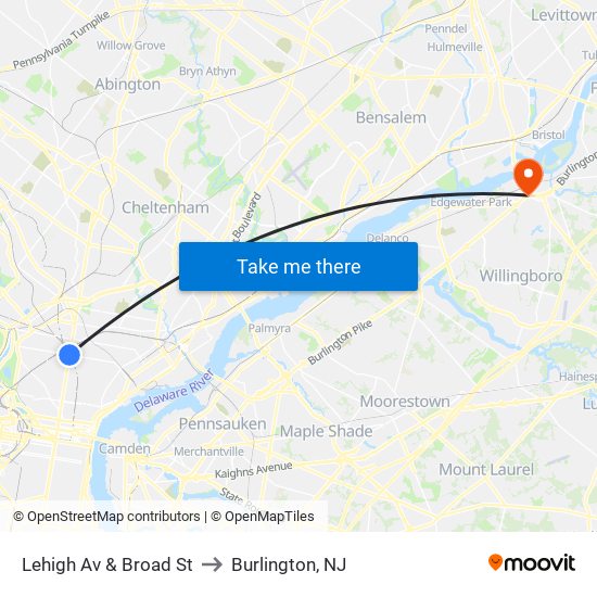 Lehigh Av & Broad St to Burlington, NJ map