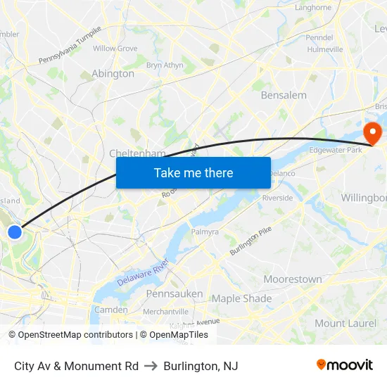 City Av & Monument Rd to Burlington, NJ map