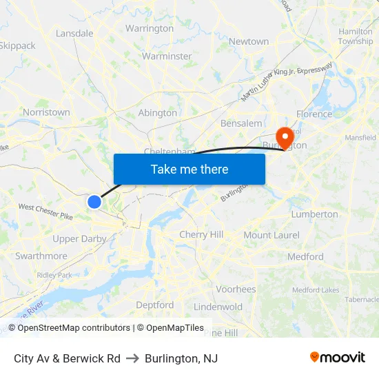 City Av & Berwick Rd to Burlington, NJ map