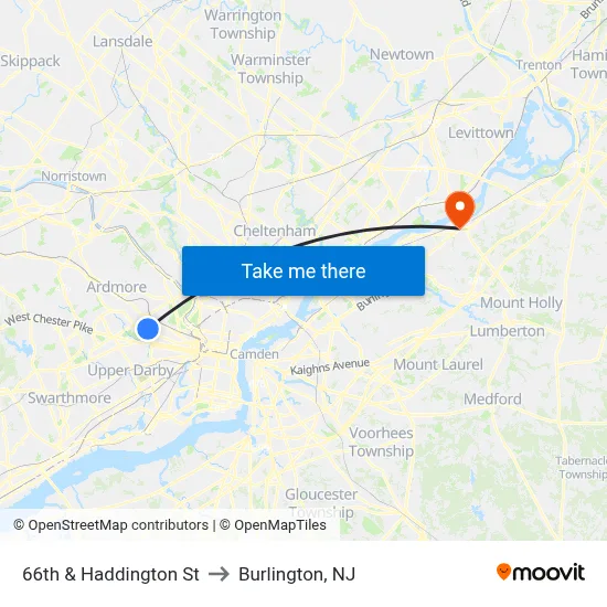 66th & Haddington St to Burlington, NJ map