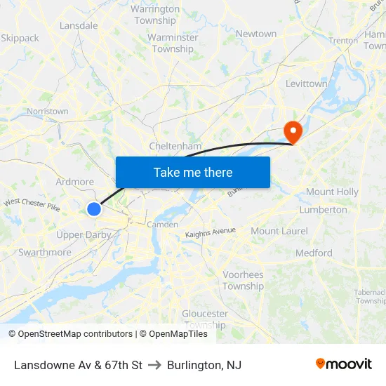 Lansdowne Av & 67th St to Burlington, NJ map