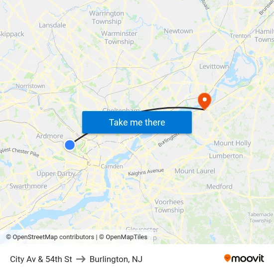 City Av & 54th St to Burlington, NJ map