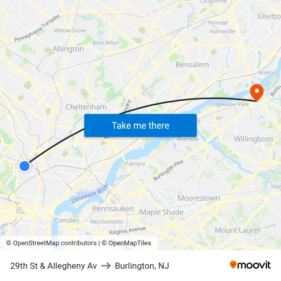29th St & Allegheny Av to Burlington, NJ map