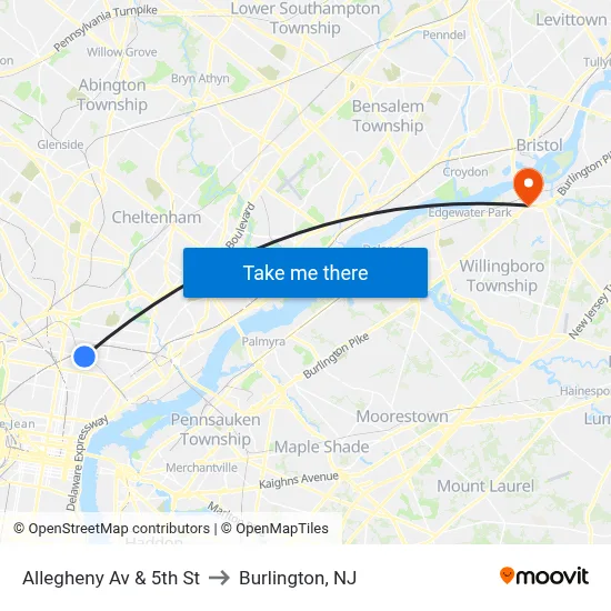 Allegheny Av & 5th St to Burlington, NJ map