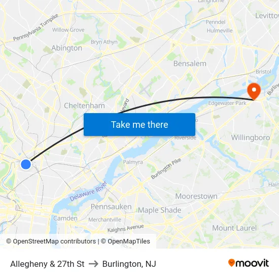 Allegheny & 27th St to Burlington, NJ map