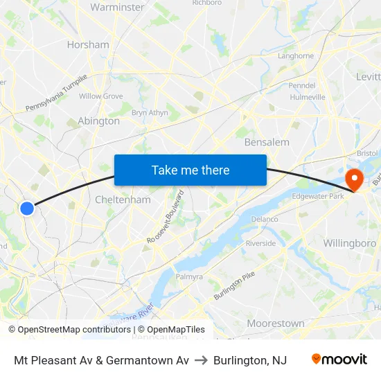 Mt Pleasant Av & Germantown Av to Burlington, NJ map