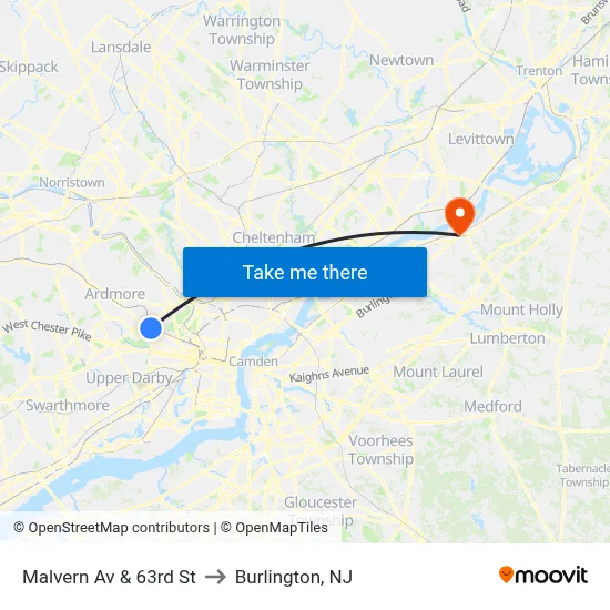 Malvern Av & 63rd St to Burlington, NJ map