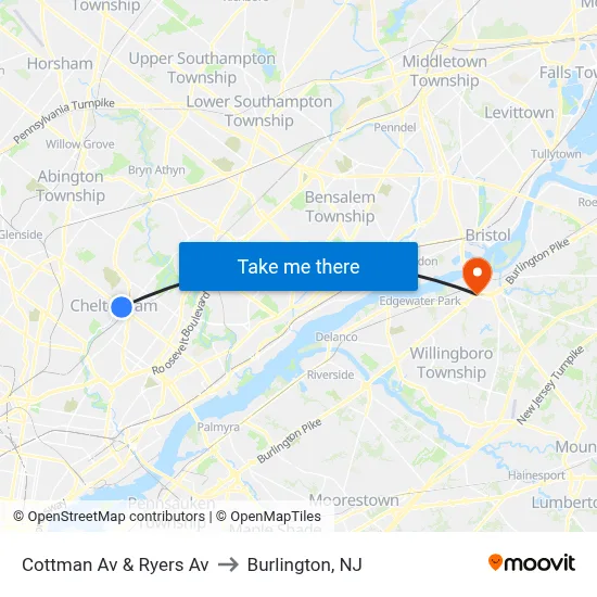 Cottman Av & Ryers Av to Burlington, NJ map