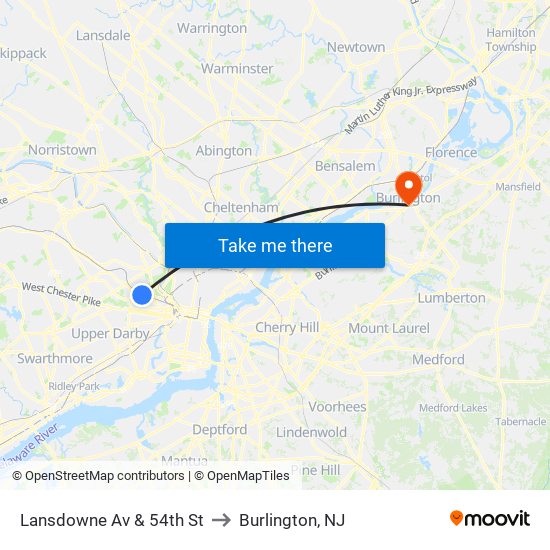 Lansdowne Av & 54th St to Burlington, NJ map