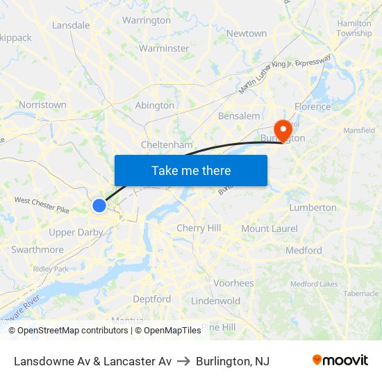 Lansdowne Av & Lancaster Av to Burlington, NJ map