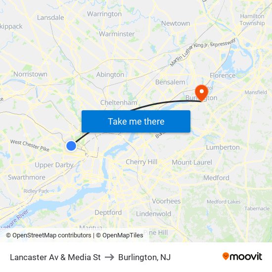 Lancaster Av & Media St to Burlington, NJ map