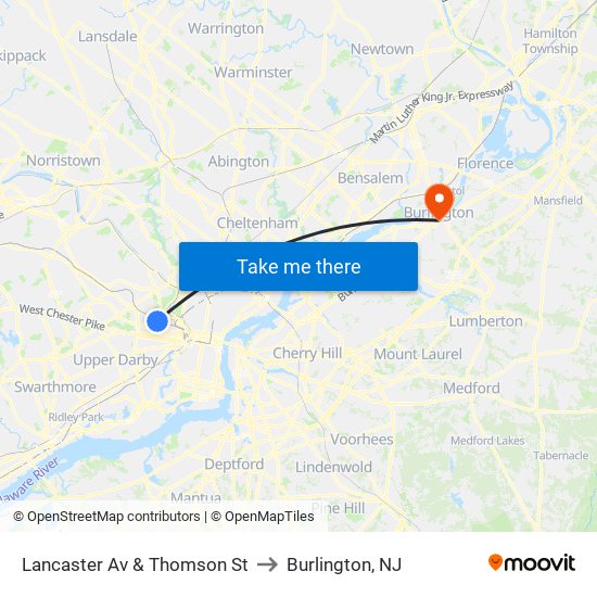Lancaster Av & Thomson St to Burlington, NJ map