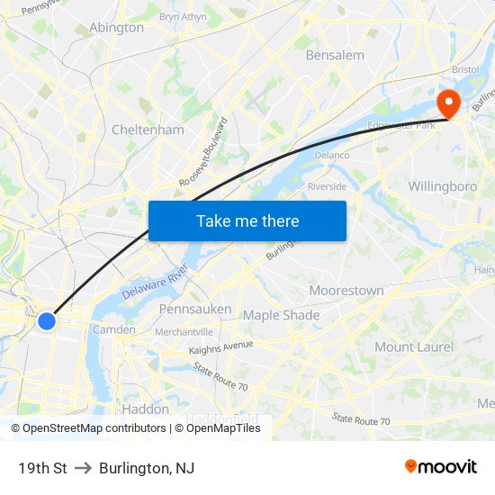 19th St to Burlington, NJ map