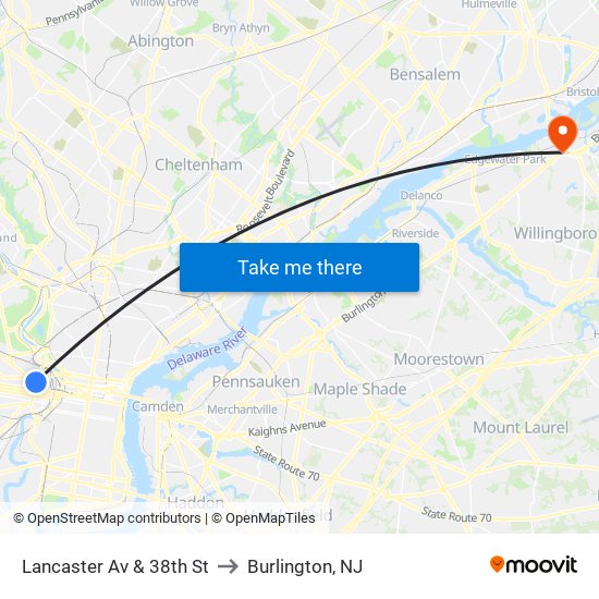 Lancaster Av & 38th St to Burlington, NJ map