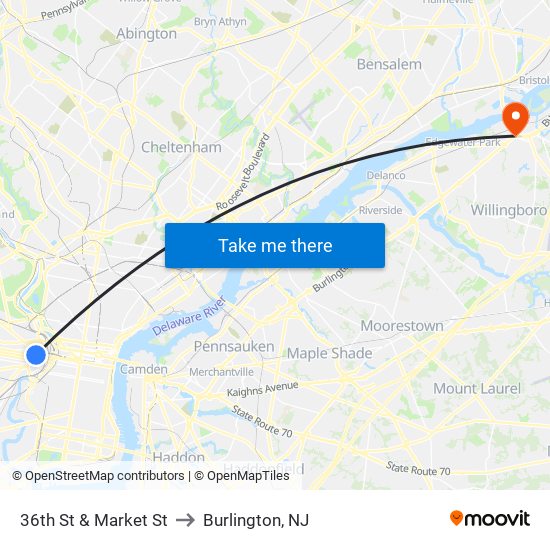 36th St & Market St to Burlington, NJ map
