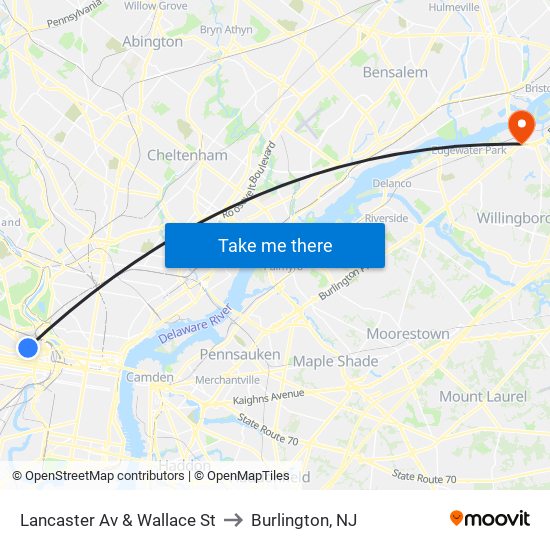 Lancaster Av & Wallace St to Burlington, NJ map