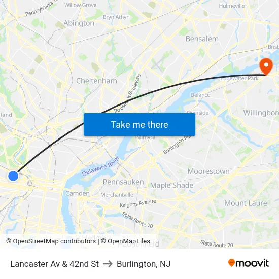 Lancaster Av & 42nd St to Burlington, NJ map