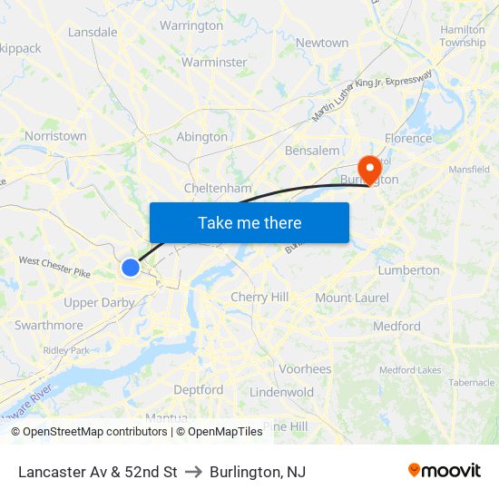 Lancaster Av & 52nd St to Burlington, NJ map
