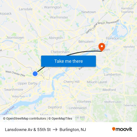 Lansdowne Av & 55th St to Burlington, NJ map