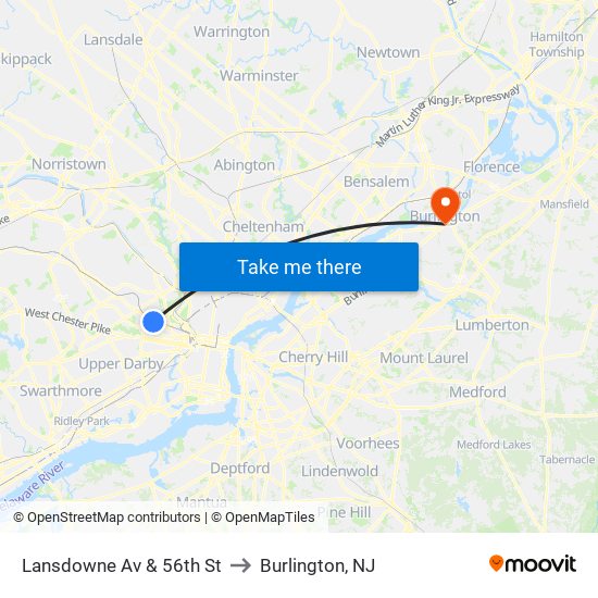 Lansdowne Av & 56th St to Burlington, NJ map