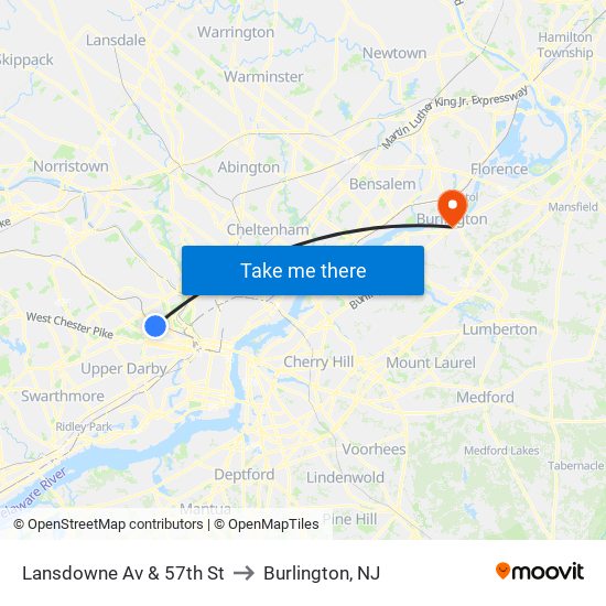 Lansdowne Av & 57th St to Burlington, NJ map